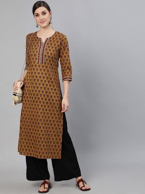 Women Brown Ethnic Motifs Printed Straight Kurta With Three Quarter Sleeves