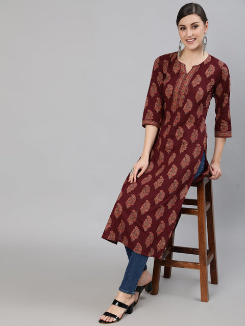 Women Burgundy Ethnic Printed Straight Kurta With Three Quarter Sleeves