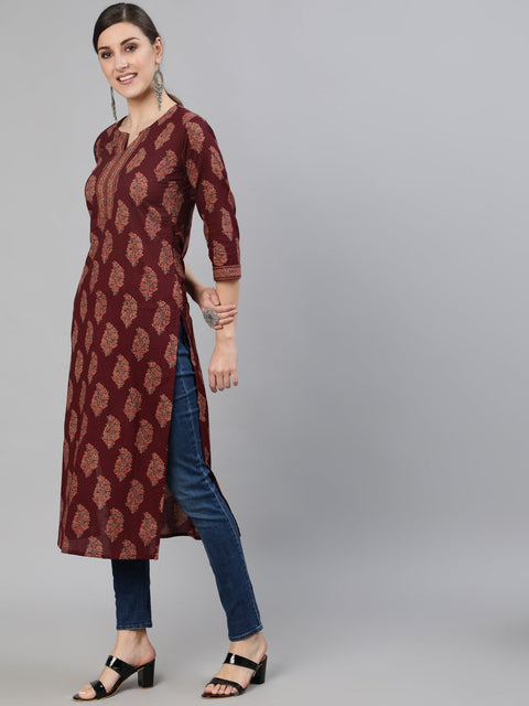 Women Burgundy Ethnic Printed Straight Kurta With Three Quarter Sleeves