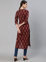 Women Burgundy Ethnic Printed Straight Kurta With Three Quarter Sleeves