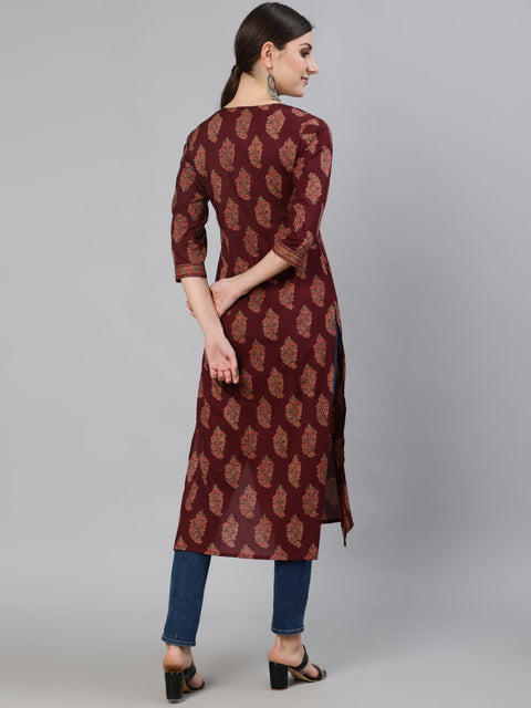 Women Burgundy Ethnic Printed Straight Kurta With Three Quarter Sleeves