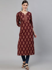 Women Burgundy Ethnic Printed Straight Kurta With Three Quarter Sleeves