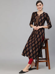 Women Black Ethnic Printed Straight Kurta With Three Quarter Sleeves