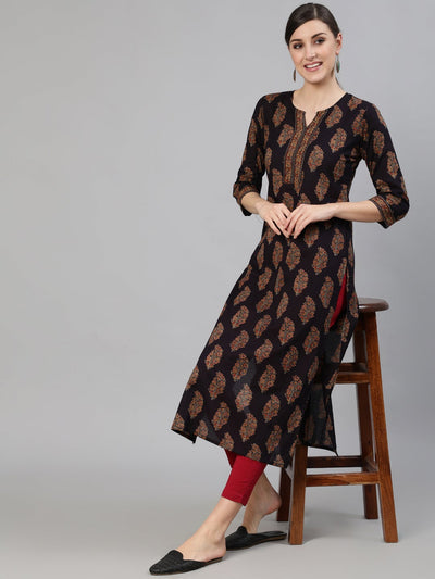 Women Black Ethnic Printed Straight Kurta With Three Quarter Sleeves