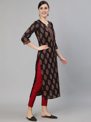 Women Black Ethnic Printed Straight Kurta With Three Quarter Sleeves