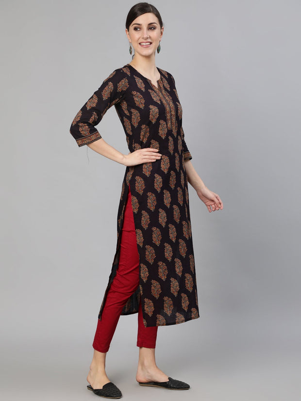 Women Black Ethnic Printed Straight Kurta With Three Quarter Sleeves