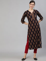 Women Black Ethnic Printed Straight Kurta With Three Quarter Sleeves