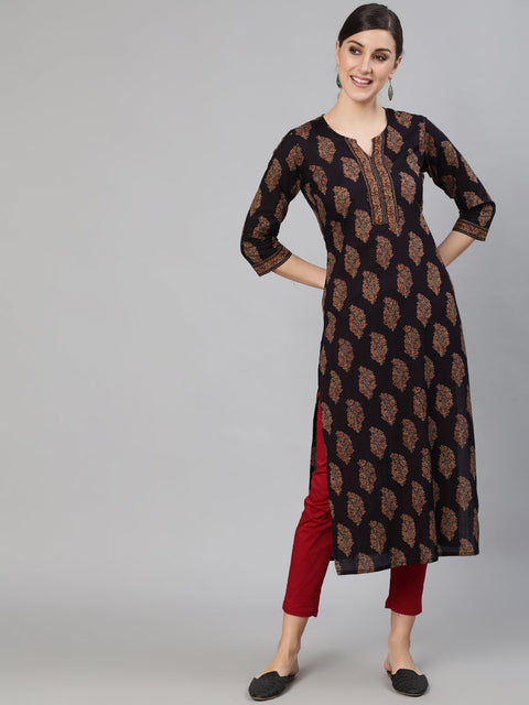 Women Black Ethnic Printed Straight Kurta With Three Quarter Sleeves