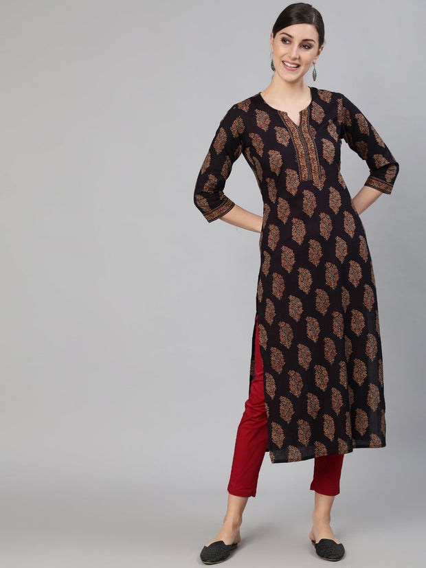 Women Black Ethnic Printed Straight Kurta With Three Quarter Sleeves