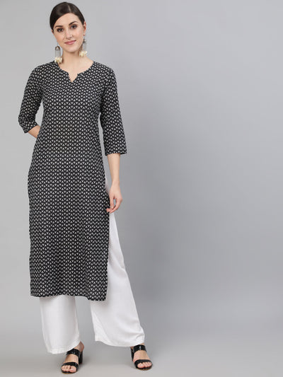 Women Black Abstrac Printed Straight Kurta With Three Quarter Sleeves
