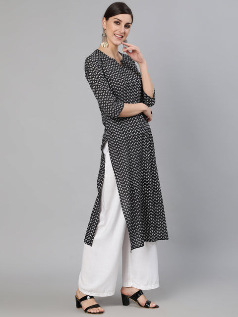 Women Black Abstrac Printed Straight Kurta With Three Quarter Sleeves