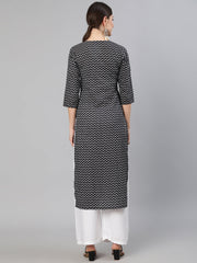 Women Black Abstrac Printed Straight Kurta With Three Quarter Sleeves
