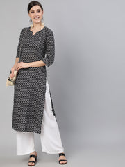 Women Black Abstrac Printed Straight Kurta With Three Quarter Sleeves