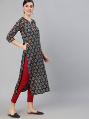 Women Blue Ethnic Printed Straight Kurta With Three Quarter Sleeves
