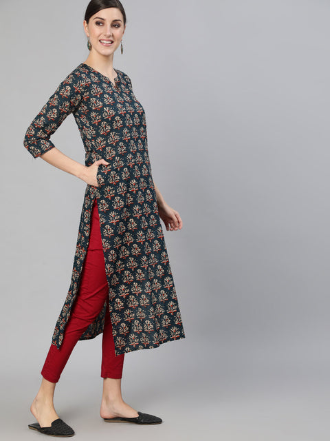 Women Blue Ethnic Printed Straight Kurta With Three Quarter Sleeves