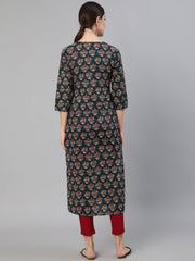 Women Blue Ethnic Printed Straight Kurta With Three Quarter Sleeves