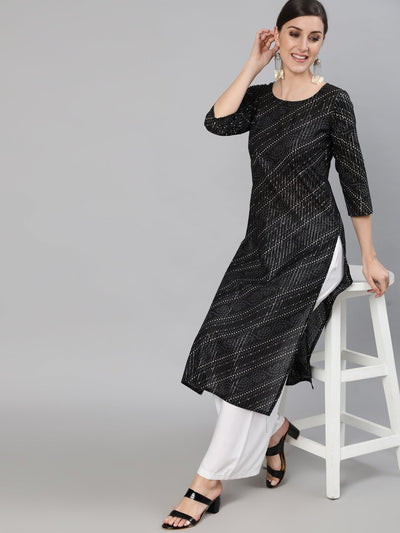 Women Black Bandhani Printed Kurta With Round Neck