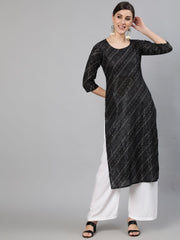 Women Black Bandhani Printed Kurta With Round Neck