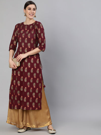 Women Burgundy Floral Printed Kurta with Tassel Detail