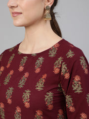 Women Burgundy Floral Printed Kurta with Tassel Detail