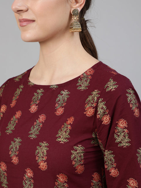 Women Burgundy Floral Printed Kurta with Tassel Detail