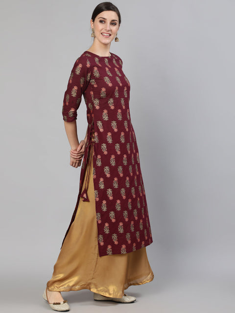 Women Burgundy Floral Printed Kurta with Tassel Detail