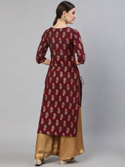 Women Burgundy Floral Printed Kurta with Tassel Detail