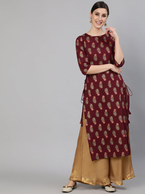 Women Burgundy Floral Printed Kurta with Tassel Detail