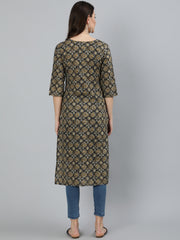 Women Black Abstract Printed Straight Kurta With Three Quarter Sleeves