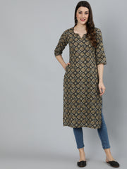 Women Black Abstract Printed Straight Kurta With Three Quarter Sleeves