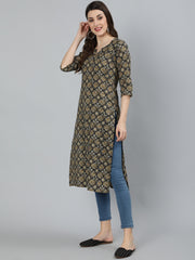 Women Black Abstract Printed Straight Kurta With Three Quarter Sleeves