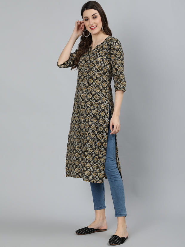 Women Black Abstract Printed Straight Kurta With Three Quarter Sleeves
