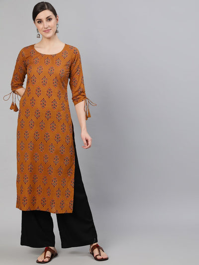 Women Mustard Ethnic Motifs Printed Straight Kurta With Tassel Detail
