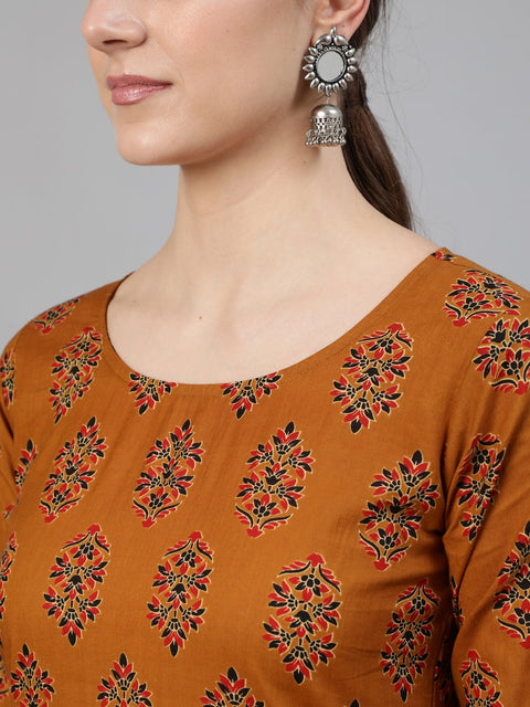 Women Mustard Ethnic Motifs Printed Straight Kurta With Tassel Detail
