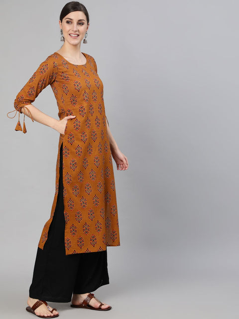Women Mustard Ethnic Motifs Printed Straight Kurta With Tassel Detail