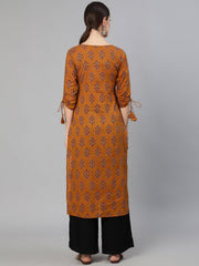 Women Mustard Ethnic Motifs Printed Straight Kurta With Tassel Detail