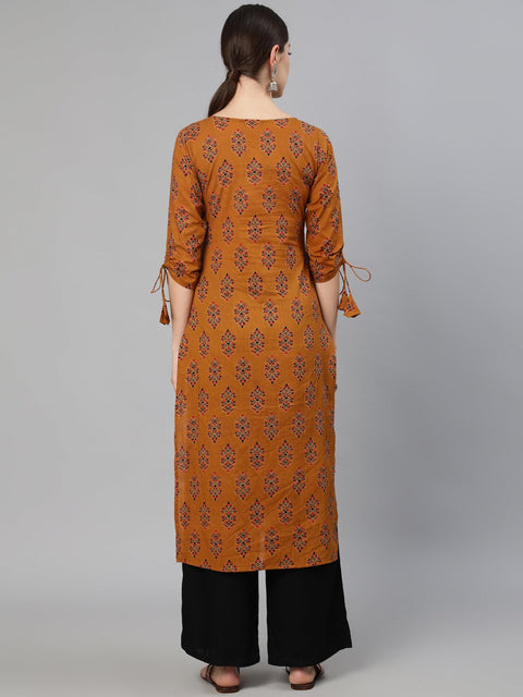 Women Mustard Ethnic Motifs Printed Straight Kurta With Tassel Detail
