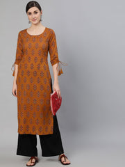 Women Mustard Ethnic Motifs Printed Straight Kurta With Tassel Detail