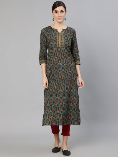 Women Blue Ethnic Motif Printed Straight Kurta With Three Quarter Sleeves
