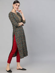 Women Blue Ethnic Motif Printed Straight Kurta With Three Quarter Sleeves