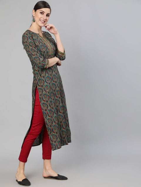 Women Blue Ethnic Motif Printed Straight Kurta With Three Quarter Sleeves