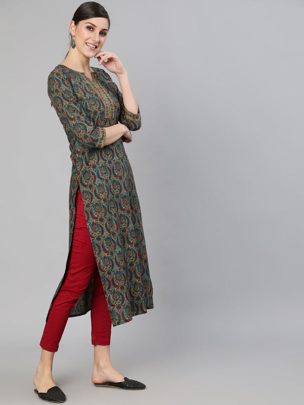 Women Blue Ethnic Motif Printed Straight Kurta With Three Quarter Sleeves