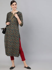Women Blue Ethnic Motif Printed Straight Kurta With Three Quarter Sleeves