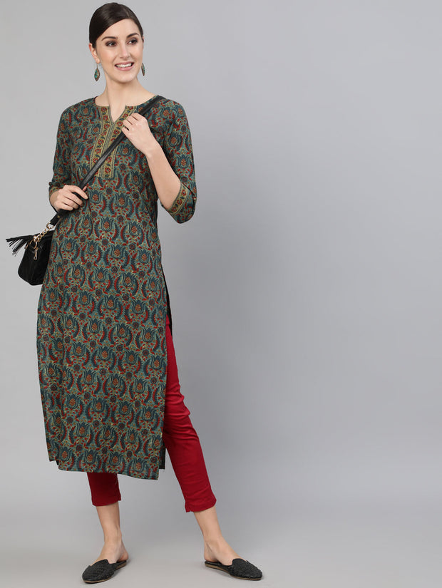 Women Blue Ethnic Motif Printed Straight Kurta With Three Quarter Sleeves