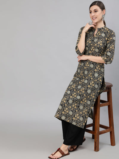 Women Black & Cream Floral Printed Kurta With Three Quarter Sleeves
