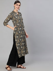 Women Black & Cream Floral Printed Kurta With Three Quarter Sleeves