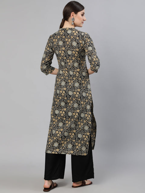 Women Black & Cream Floral Printed Kurta With Three Quarter Sleeves