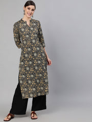 Women Black & Cream Floral Printed Kurta With Three Quarter Sleeves