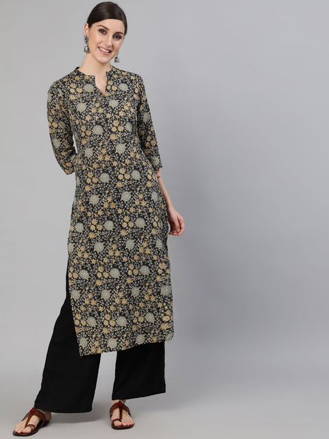 Women Black & Cream Floral Printed Kurta With Three Quarter Sleeves