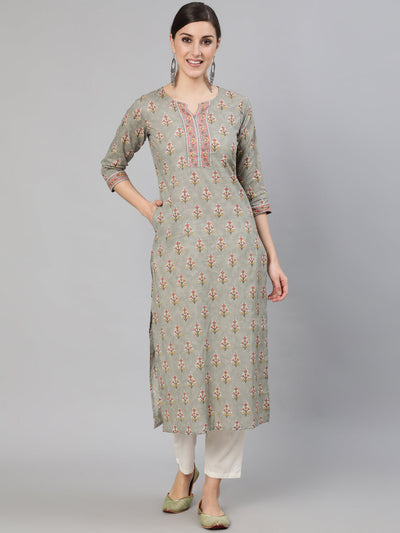 Women Grey Floral Printed  Straight Kurta With Three Quarter Sleeves